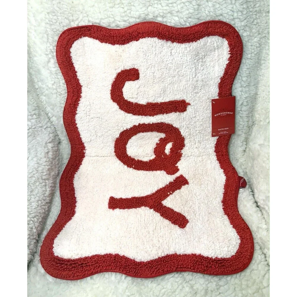 Wondershop Christmas 'Joy' Bath Rug 17x24 Cream Red Scalloped Border NEW
